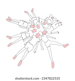 children of different ages lie on the ground vector line art. Many happy children continuous line drawing. 
children single line vector.