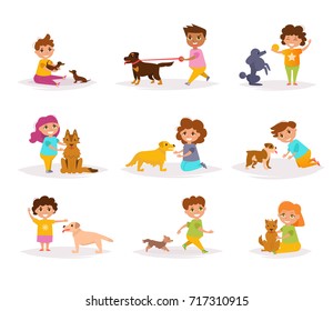 Children with different breeds of dogs. Vector. Cartoon. Isolated art on white background. Flat.
