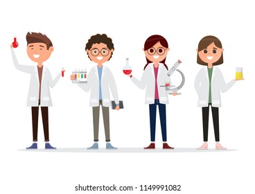 children in different characters. school research in chemistry. back to school, education concept. vector illustration cartoon character