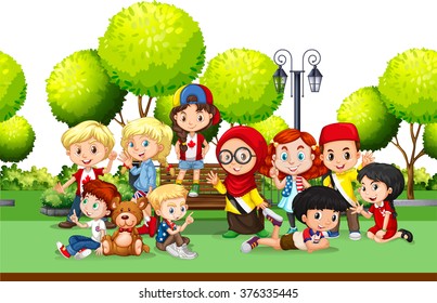 Children from different countries in the park illustration