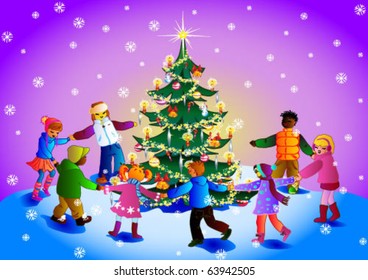 Children different countries playing around Christmas tree.