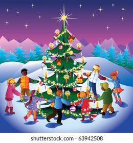 Children different countries playing around Christmas tree.