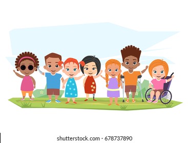 Children of different disabilities and healthy children posing, greeting and waving their hands