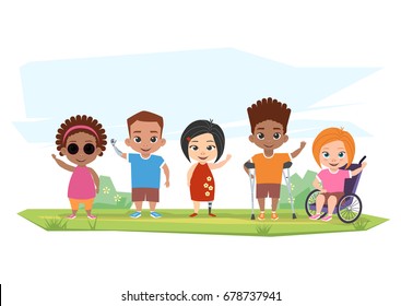 Children of different disabilities pose, greet and wave their hands