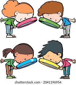 children of different ethnicities look through a magnifying glass