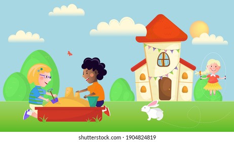 Niños de diferentes etnias jugando en una caja de arena y saltando cuerda en el patio. Panorama de caricaturas sobre el fondo. Ilustración vectorial.