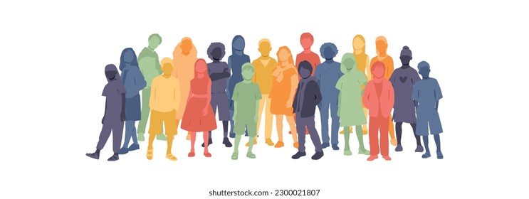 Children of different ethnicities stand side by side together. Flat vector illustration.