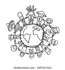 Children different ethnicity culture  holding hands standing together. children around the world. Black white Vector illustration. Isolated on white background. Earth day