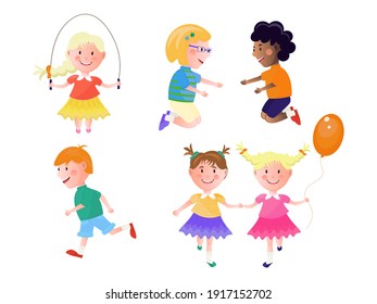 Children of different ethnicity playing games. Set of vector illustrations.