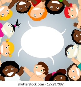 Children of different ethnicity and a speech bubble