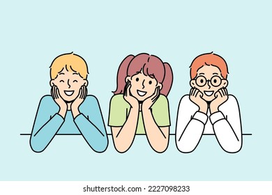 Children with different hair colors smile, listen or look carefully at something. Kids sit, watch, rest their chins with hands. Boys, girl friends spend time together, learn. Vector illustration.