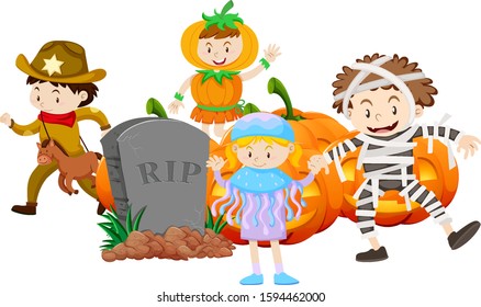 Children in different halloween costume illustration