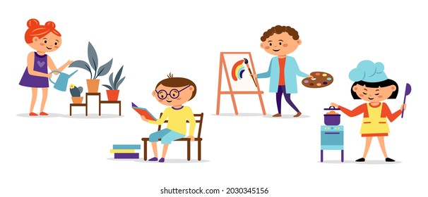 Children different hobbies icon collection with painting, cooking, reading isolated on white background. Child hobby concept. Vector flat illustration. Design for card, infographic, web site