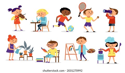 Children different hobbies icon collection with painting, cooking, sport, music, isolated on white background. Child hobby concept. Vector flat illustration. Design for card, infographic, web site