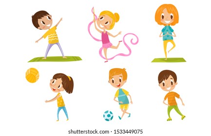 Children With Different Kind Of Physical Activities Concept Vector Illustration Set