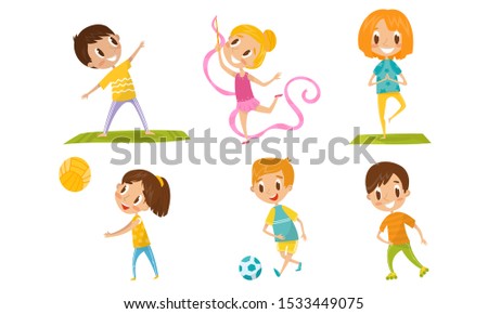 Children With Different Kind Of Physical Activities Concept Vector Illustration Set