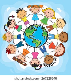 children of different nationalities around the globe,  child,  cartoon, stick, square, kid, preschooler, hands, fun, earth, community, mutual, vector, happiness, caricature, unity, friendship,