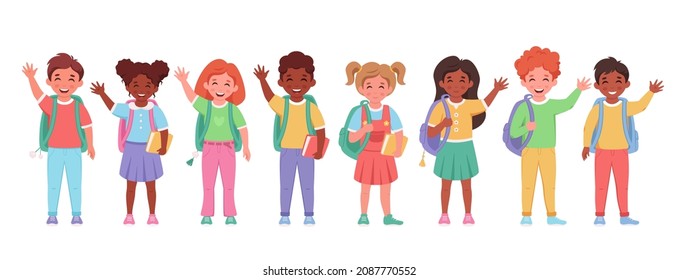 Children of different nationalities with backpacks and books. Kids going to school. Elementary school students. Vector illustration