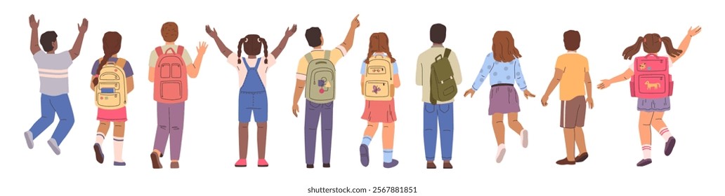 Children different nationalities with backpacks walking. Vector isolated group of kids with rucksacks jumping and standing. Cartoon characters in casual clothes waving hands and hopping