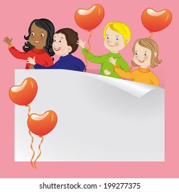children of different nationalities with balloons in the shape of heart