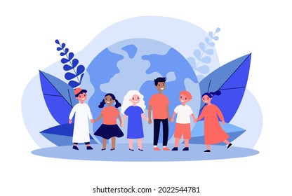 Children of different nationalities in front of globe. Multicultural kids holding hands flat vector illustration. International communication, friendship concept for website design or landing web page