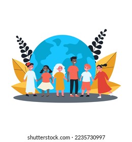 Children of different nationalities in front of globe. Multicultural kids holding hands flat vector illustration. International communication, friendship concept for website design