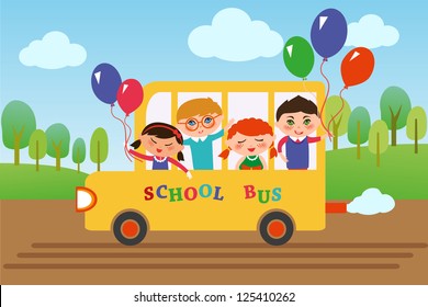 Children of different nationalities are going to school by bus.