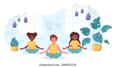 Children of different nationalities meditating in lotus pose. Gymnastic, yoga and meditation for children. Vector illustration