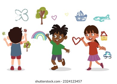 Children of different nationalities painting and drawing with brushes and pencils on white wall vector illustration.