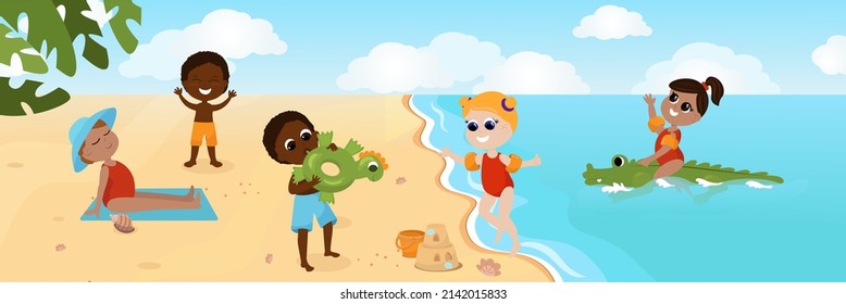 Children of different nationalities play on the beach. Children swim on an inflatable mattress, sit and stand sunbathing, inflate an inflatable ring. All the characters are happy and cheerful.