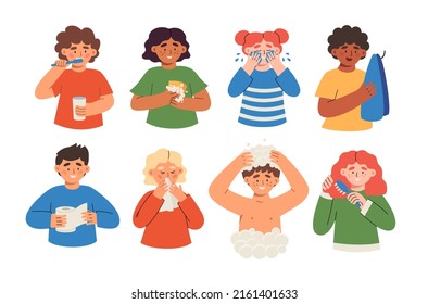 Children of different nationalities practise personal hygiene. Kids brush teeth, wash hands, wash, take a shower, comb  hair, use a handkerchief and toilet paper. Set of good children hygiene habits. 