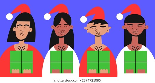 Children of different nationalities received New Year's gifts. Christmas 2024 celebration. Preparing xmas gifts. Flat vector illustration in cartoon style.