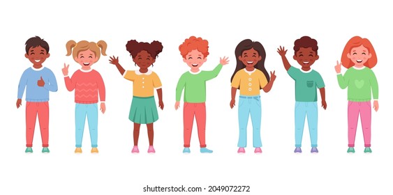 Children of different nationalities smiling and waving hands. Elementary school students. Vector illustration