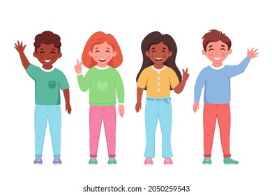 Children of different nationalities smiling and waving hands. Elementary school students. Vector illustration