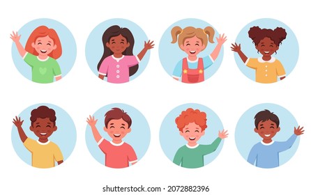 Children of different nationalities smiling and waving hands. Elementary school students. Vector illustration