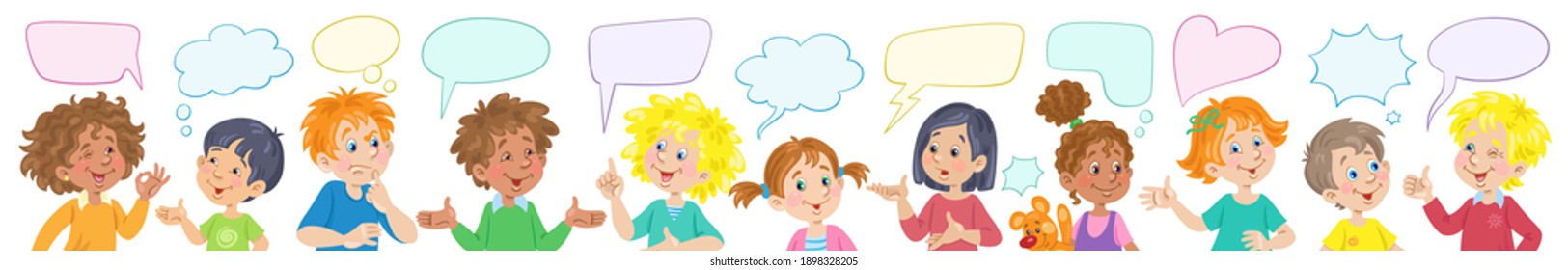 Children of different nationalities are talking. Picture with dialog boxes. Different emotions, relationships and moods. Banner in cartoon style. Isolated on white. Vector flat illustration.