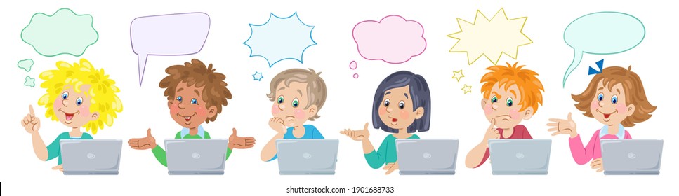 Children of different nationalities with their laptops. Various emotions. Banner with speech bubbles. In cartoon style. Isolated on white background. Vector flat illustration.
