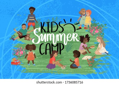 Children of different nationalities walk in the park. Handwritten inscription Children's summer camp. Poster design for school, children summer vacation. Vector bright cute baby illustration