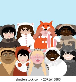 Children of different nations, dressed in carnival costumes of animals and ready for the holiday.