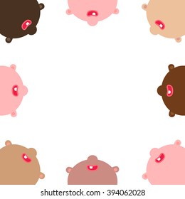 Children of different nations together vector illustration. Peaceful Children look up and smile. The first tooth and smile. Kids party background. All children faces around frame for choldren party 