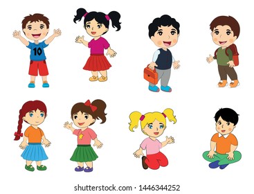 Children in different positions. Happy kids cartoon collection