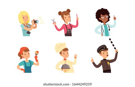 Children of Different Professions Set, Cute Boys and Girls Characters, Doctor, Painter, Policeman, Chef Cook, Police Officer, Photographer, Hairdresser Vector Illustration