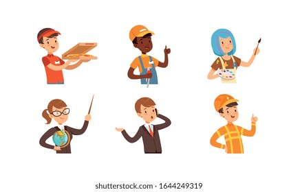 Children of Different Professions Set, Cute Boys and Girls Characters, Pizza Courier, Handyman, Artist, Teacher, Businessman, Fireman Vector Illustration