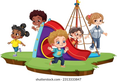 Children with different race playing at the playground slide illustration