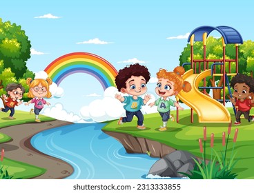 Niños con diferentes carreras jugando en la ilustración de la diapositiva del patio de recreo