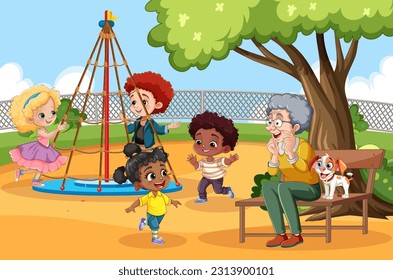 Children with different race playing at the playground illustration