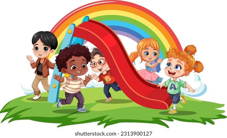 Children with different race playing at the playground slide illustration