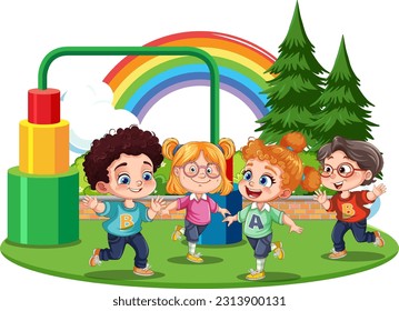 Children with different race playing at the playground slide illustration