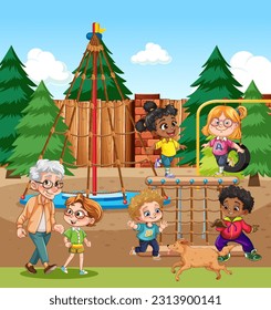 Children with different race playing at the playground illustration