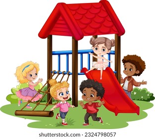 Kinder mit unterschiedlichem Rennen, die auf dem Spielplatz spielen